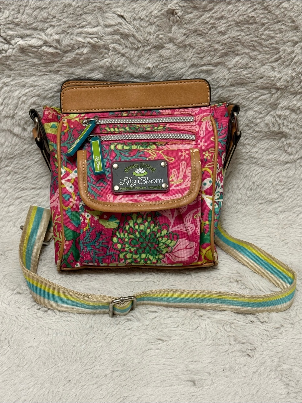 Lily Bloom Karma Hot Pink Floral Reef Mini Crossbody with Tan Trim